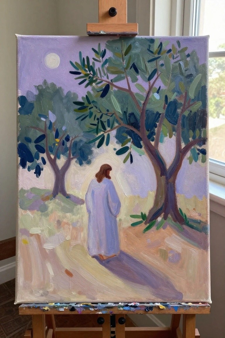 Canvas on easel shows robed figure walking on path amid colorful trees under purple sky