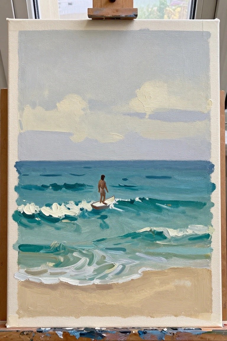 Oil painting on easel of lone surfer on board amid blue-green waves by sandy beach.