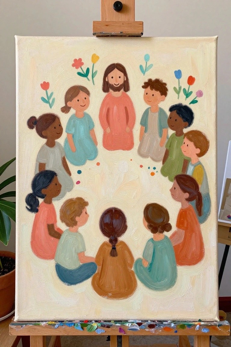 Jesus in pink robe encircled by diverse children amid colorful flowers on canvas