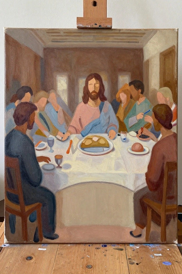 Painting on easel of Jesus and apostles at table with bread, wine, and goblets