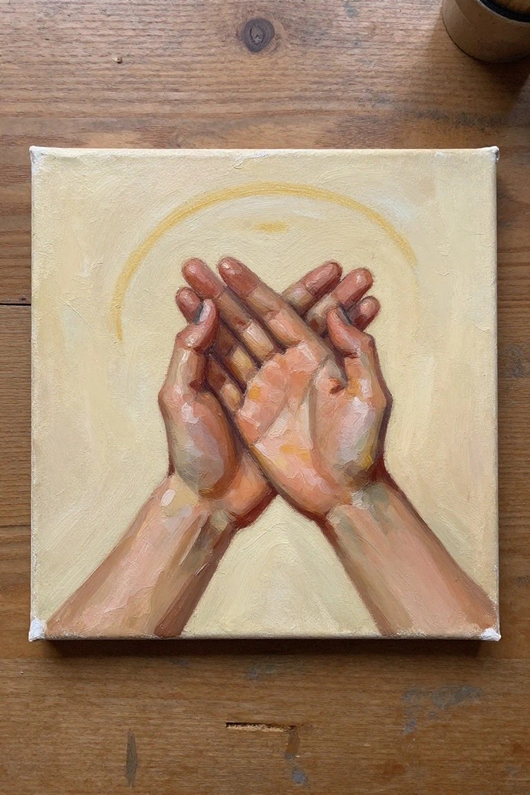 Two clasped hands in warm tones beneath a golden arc on pale canvas.