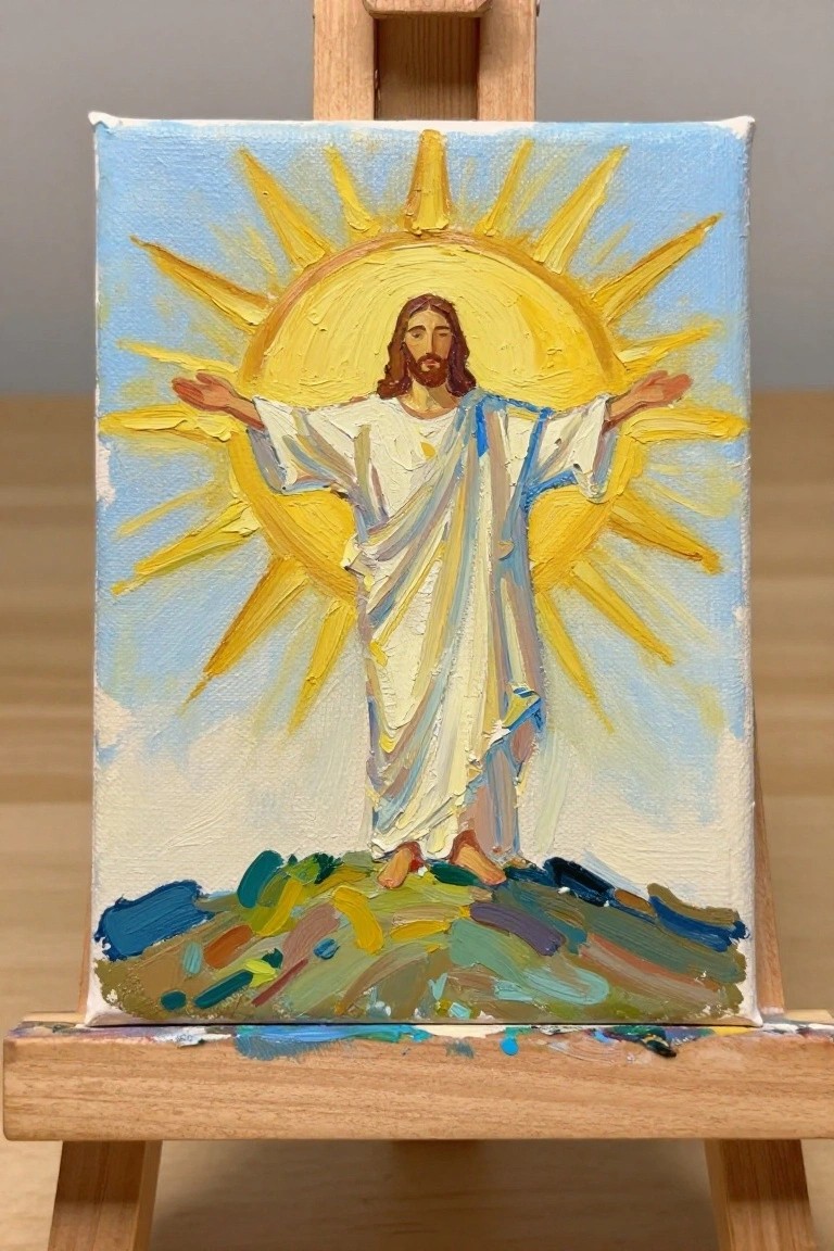 Jesus in white-blue robes stands arms outstretched before radiant yellow sun on blue sky