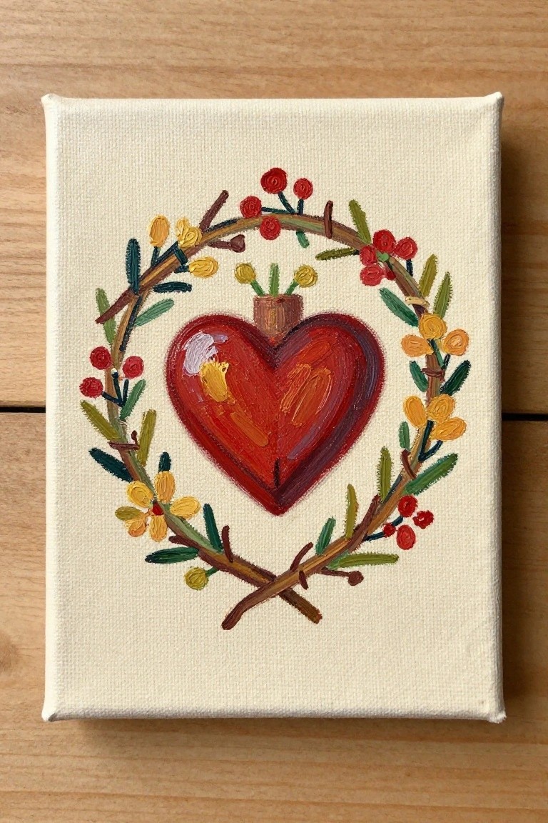 Red heart with gold accents encircled by twig wreath of yellow flowers and red berries