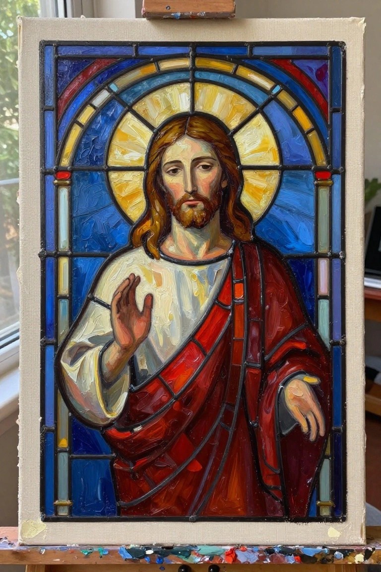 An oil painting of Jesus with a halo, one hand raised, wearing a red robe over a white garment, set against a blue stained-glass background.