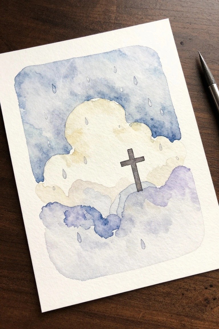 Watercolor painting of a gray cross amid rainy blue, purple, and beige clouds