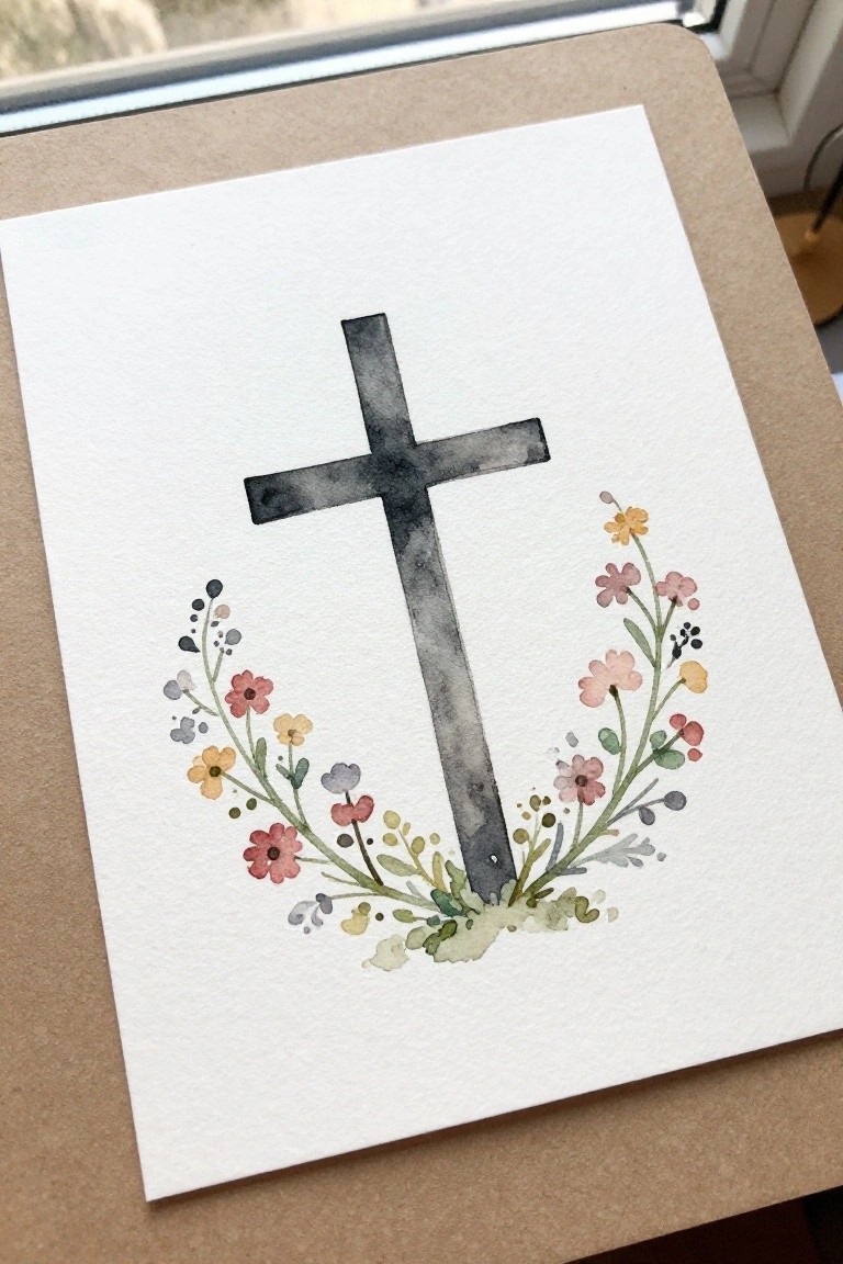 Dark watercolor cross with pink and yellow floral wreath on white paper