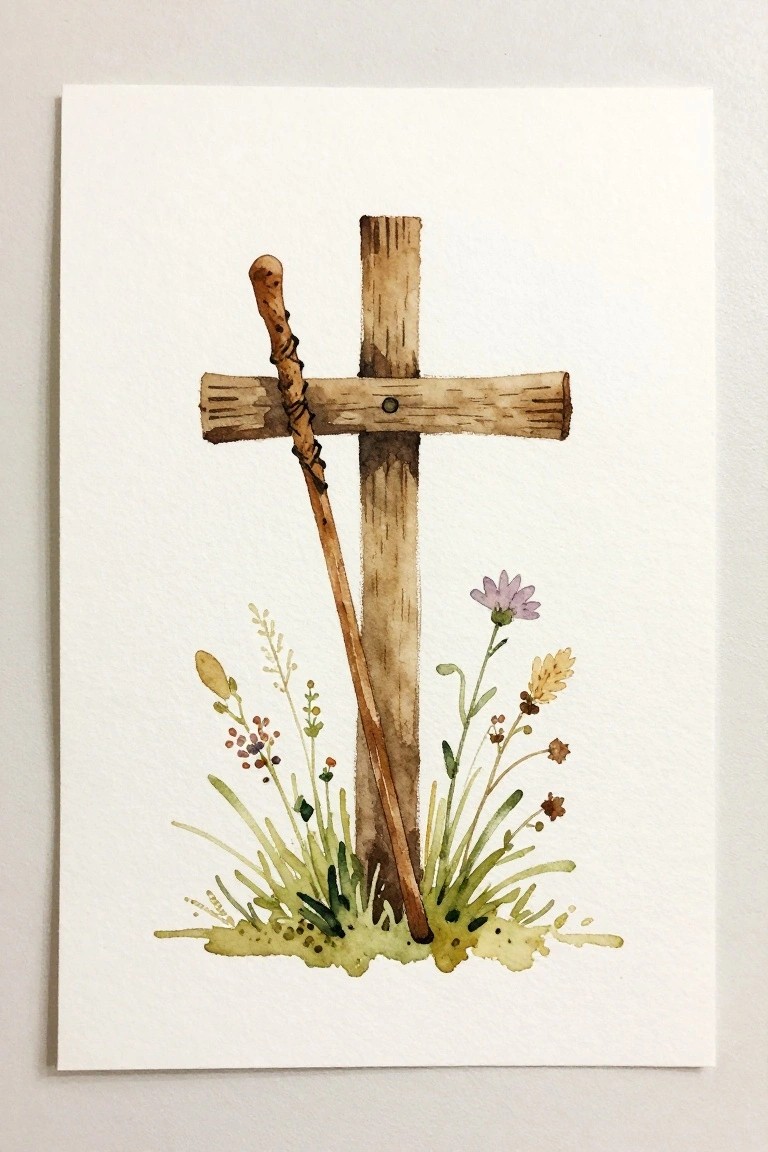 Watercolor of wooden cross with leaning staff amid purple and yellow wildflowers.