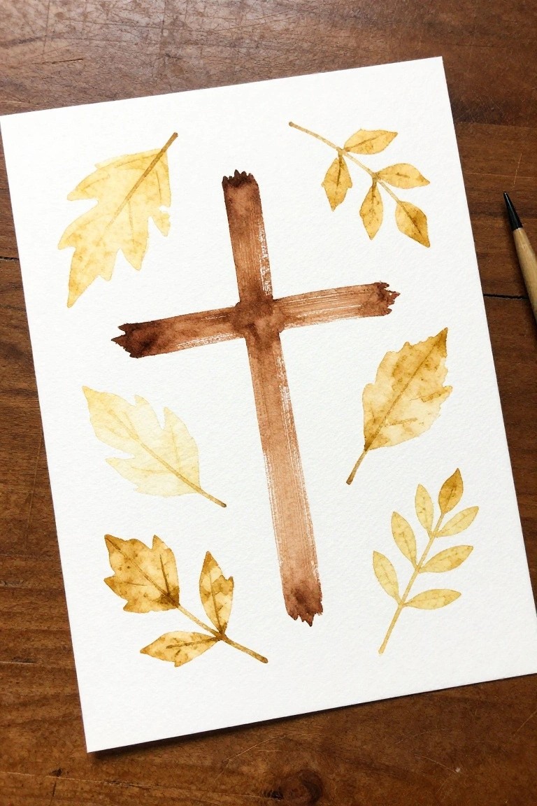 Watercolor brown cross surrounded by yellow autumn leaves on white paper