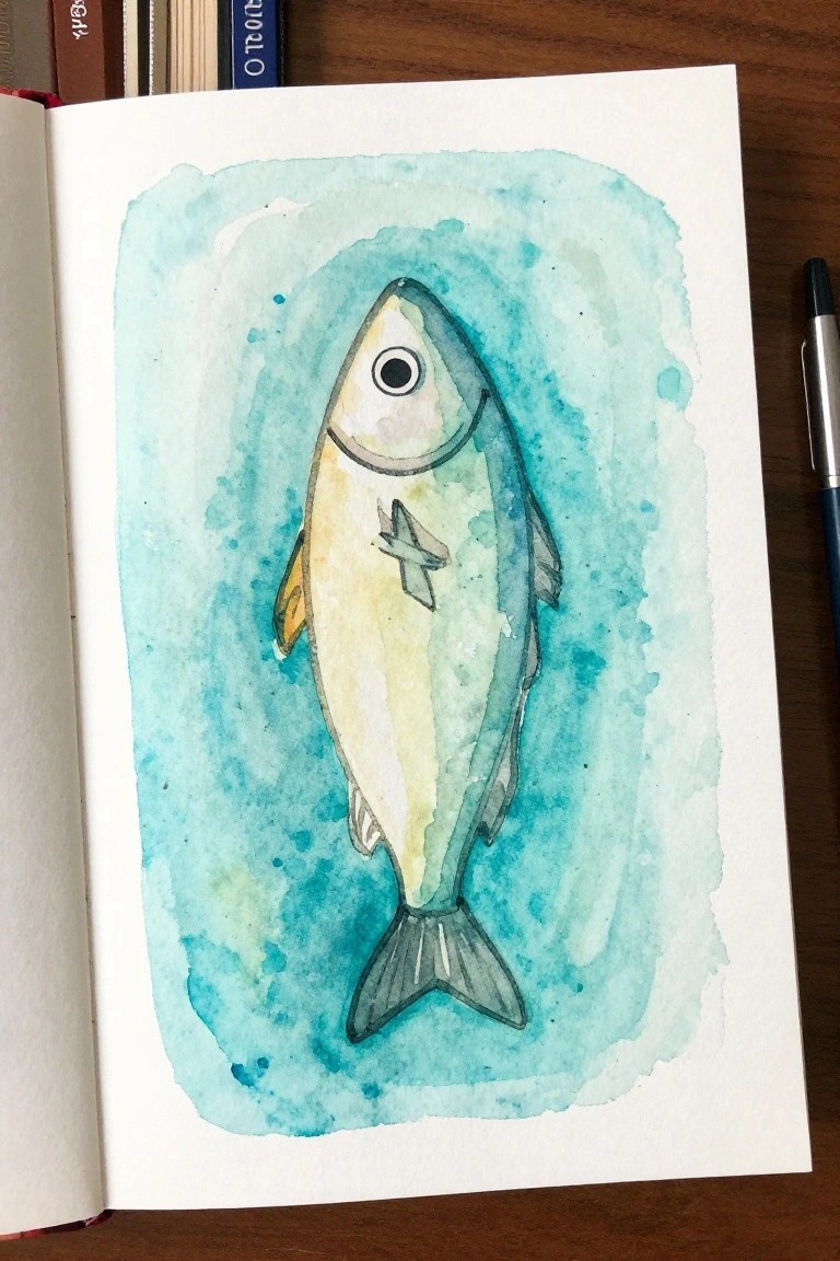 Watercolor fish painting in open sketchbook on wooden table with pen nearby.