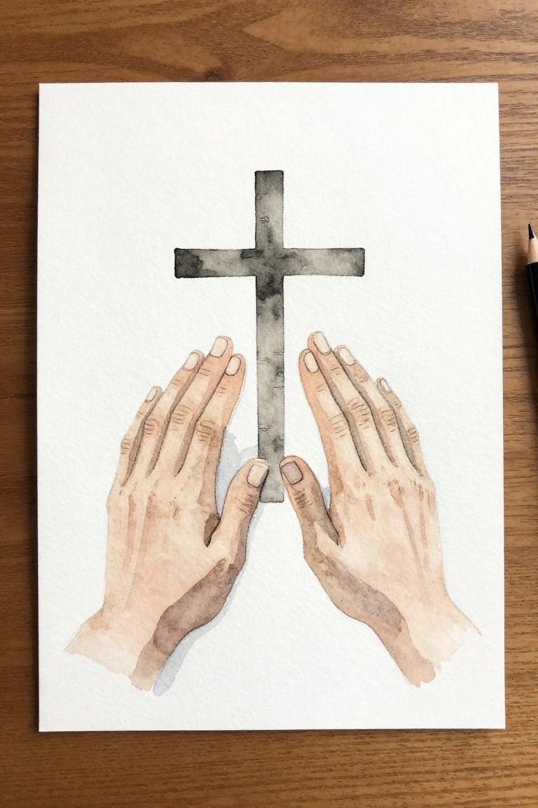 Watercolor painting of two hands touching a dark cross on white paper