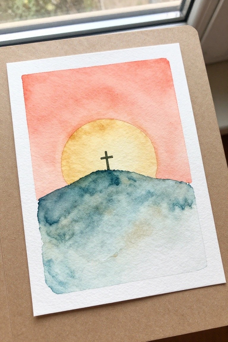 Watercolor of yellow sun over cross on blue hill under pink and orange sky