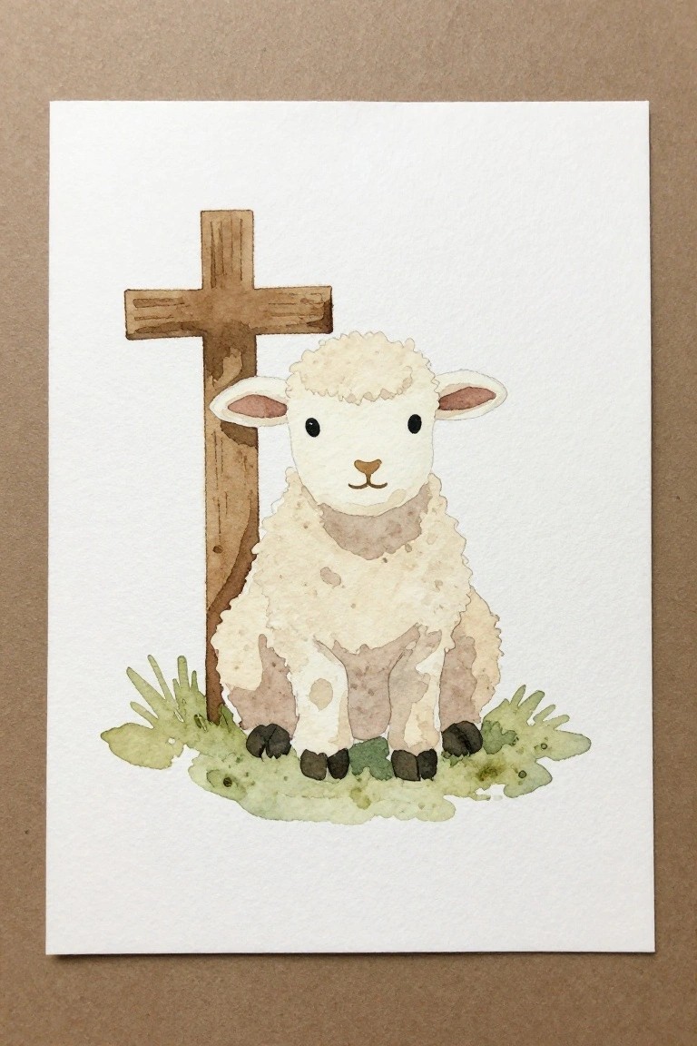 Watercolor painting of a fluffy lamb beside a wooden cross on green grass