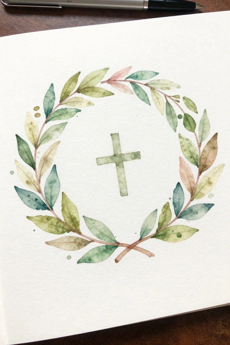 Watercolor wreath of green and pink leaves with a central cross on paper