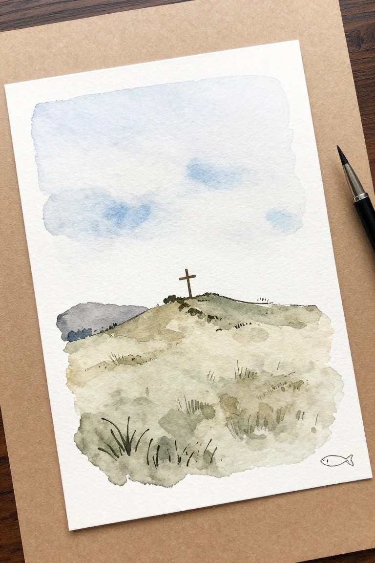 Watercolor landscape of grassy hill with cross under blue cloudy sky, fish symbol beside pen