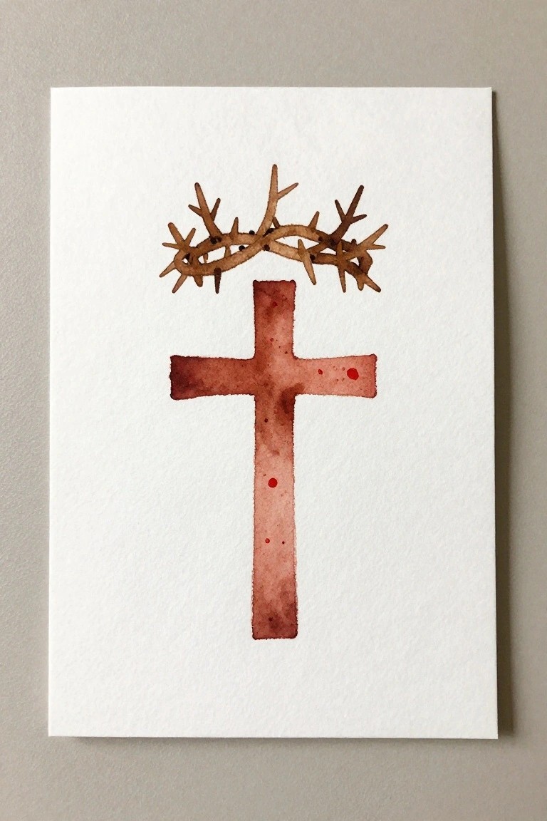 Watercolor cross with crown of thorns and red blood-like dots on white paper