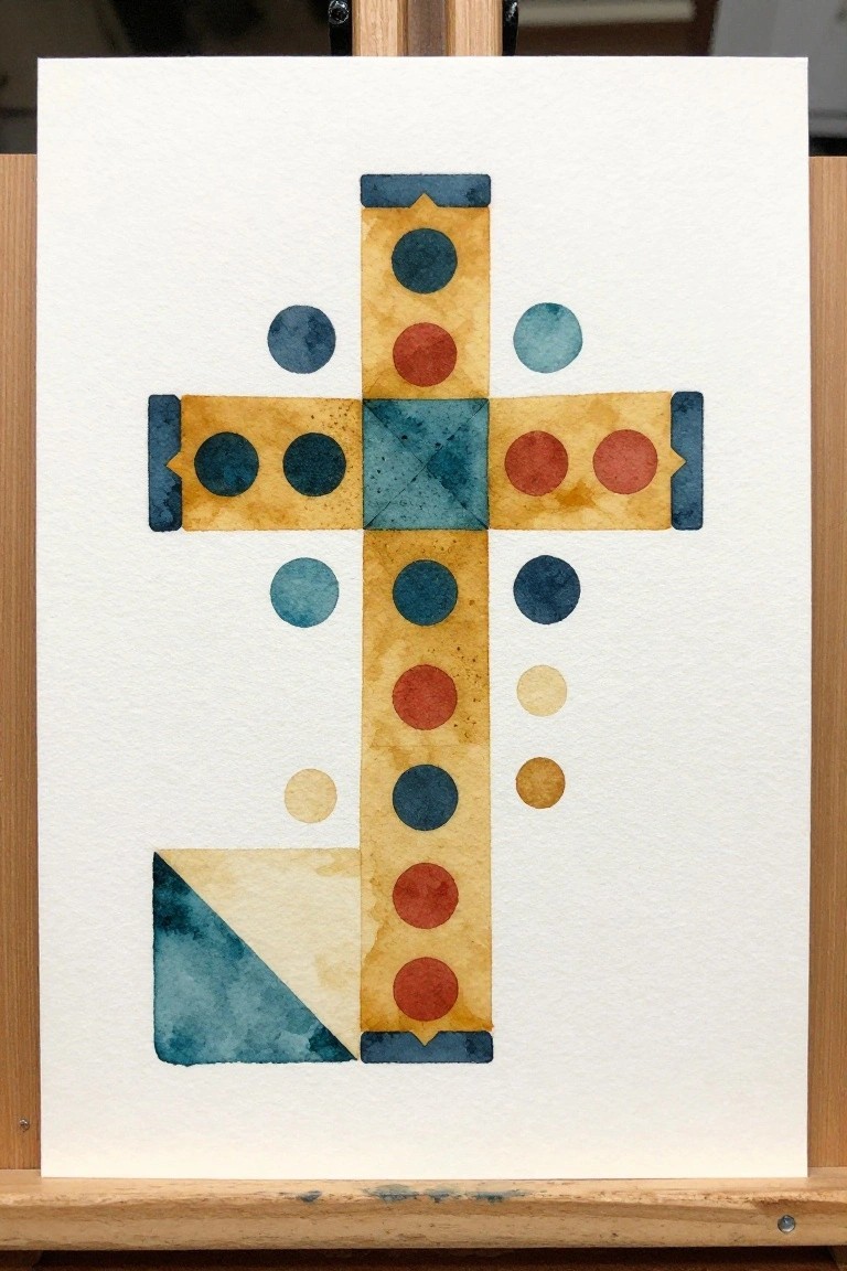 Abstract watercolor cross with yellow bands, red-blue circles, and geometric shapes on easel