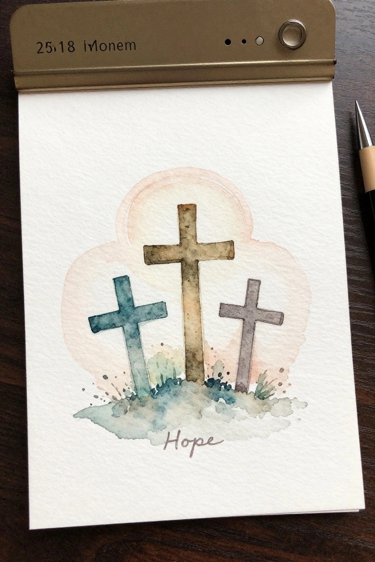 Watercolor painting of three crosses on a hill with pink glow and Hope text