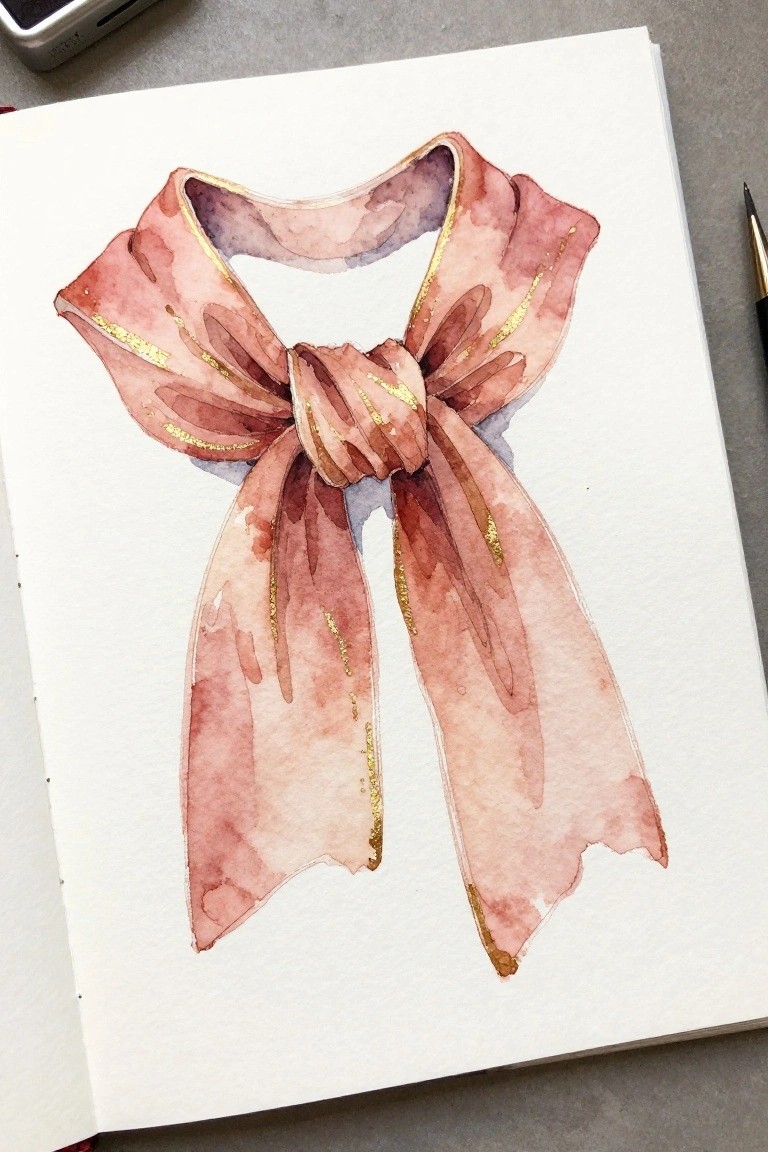 Watercolor pink bow with gold accents on open sketchbook page beside pen.