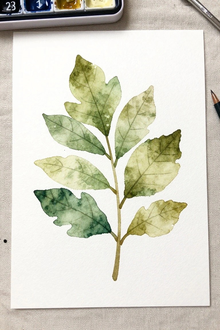 Watercolor painting of green leaves on a branch, with palette and brushes nearby
