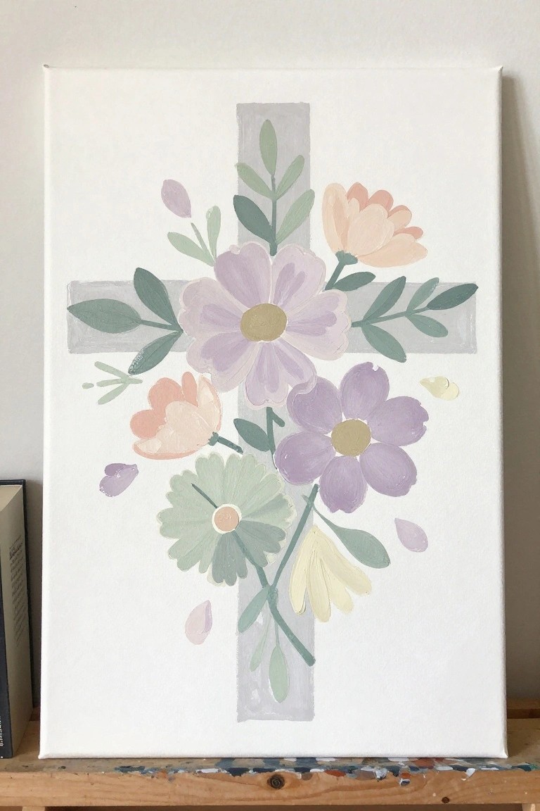 Pastel floral canvas painting with gray cross, purple daisies, peach blooms and green leaves