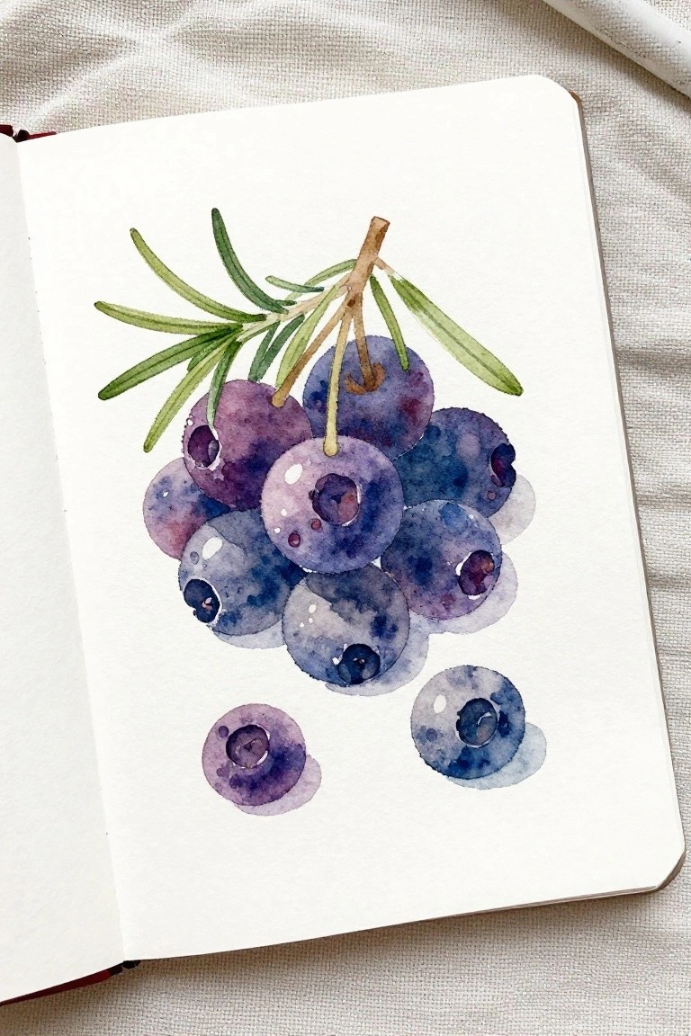 Open sketchbook with watercolor blueberries on stem and green leaves on fabric surface