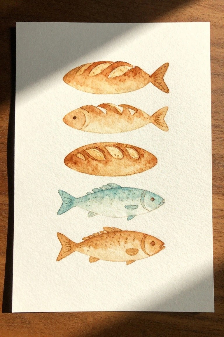 Watercolor fish and baguette-shaped fish arranged vertically on white paper in sunlight