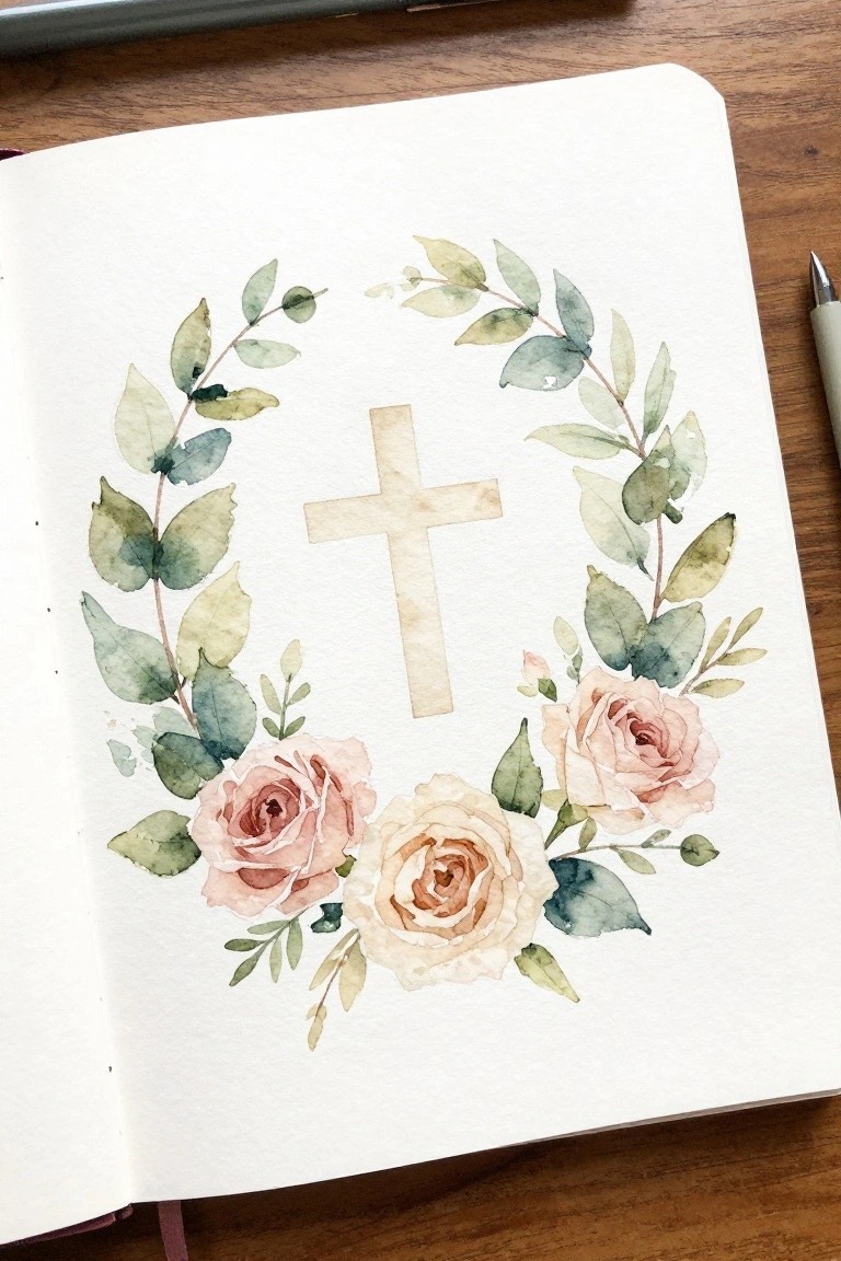 Open notebook with watercolor cross inside wreath of pink roses and green leaves