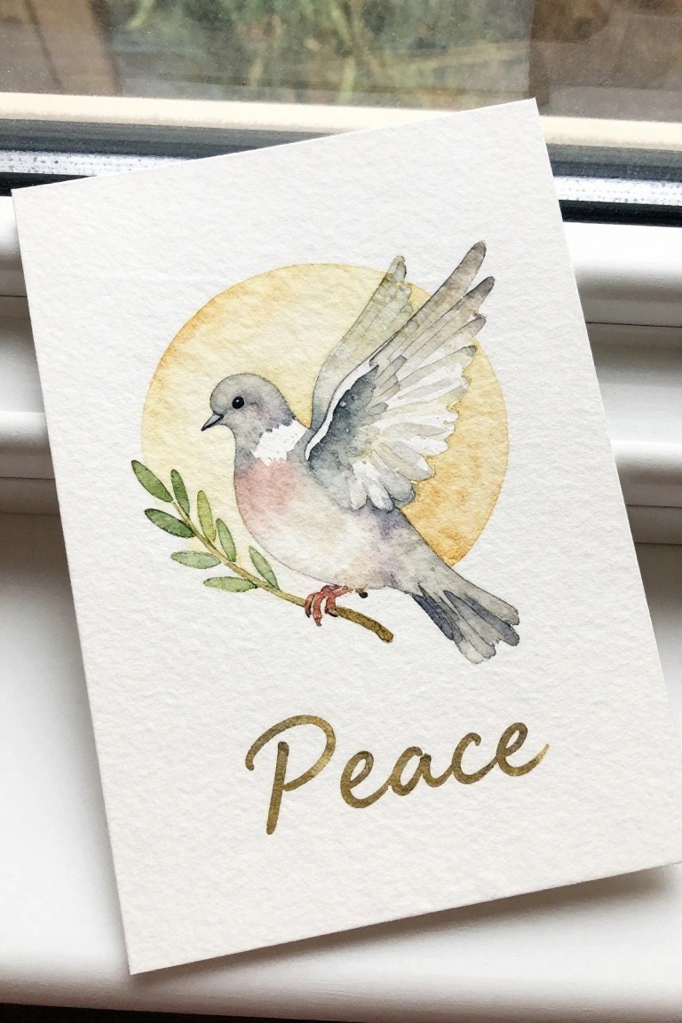 Watercolor dove with olive branch in yellow circle above gold Peace text on white card