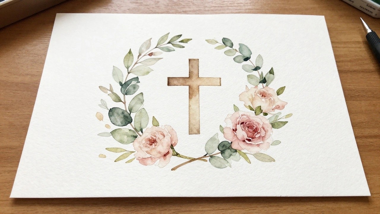 Open notebook with watercolor cross inside wreath of pink roses and green leaves