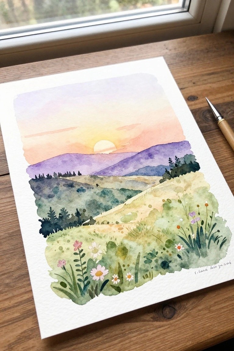 Watercolor sunset landscape with purple hills, green fields, wildflowers, and a paintbrush
