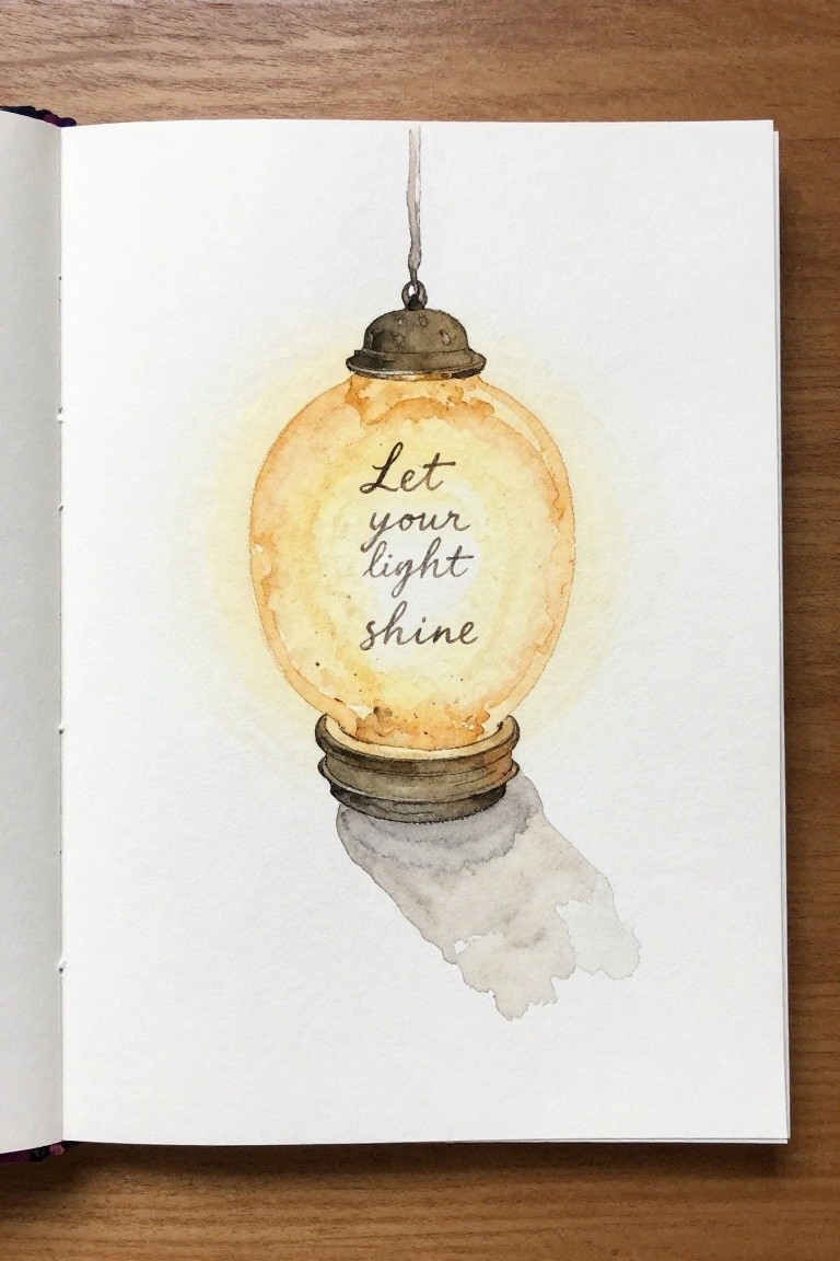 Open sketchbook on wood showing watercolor of glowing hanging bulb with 