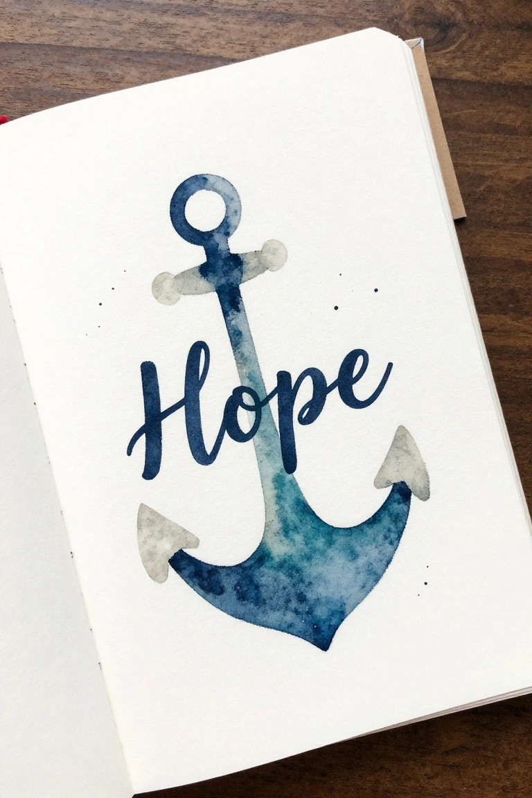 Blue watercolor anchor with Hope script in open notebook on wood