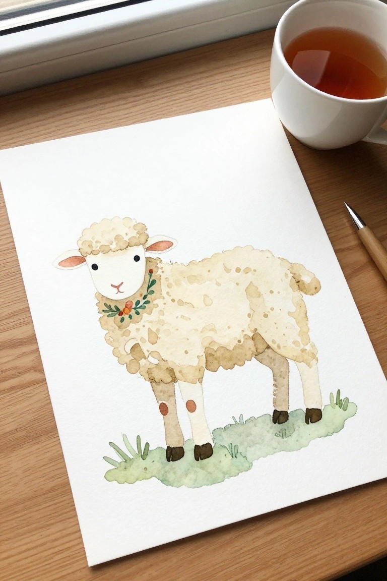 Watercolor sheep painting on paper beside tea mug and paintbrush on wood table