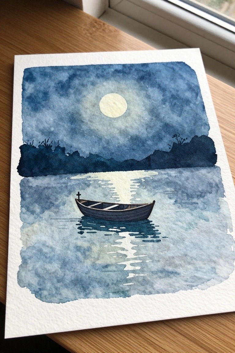 Watercolor of wooden boat on moonlit water beneath full moon and dark sky.