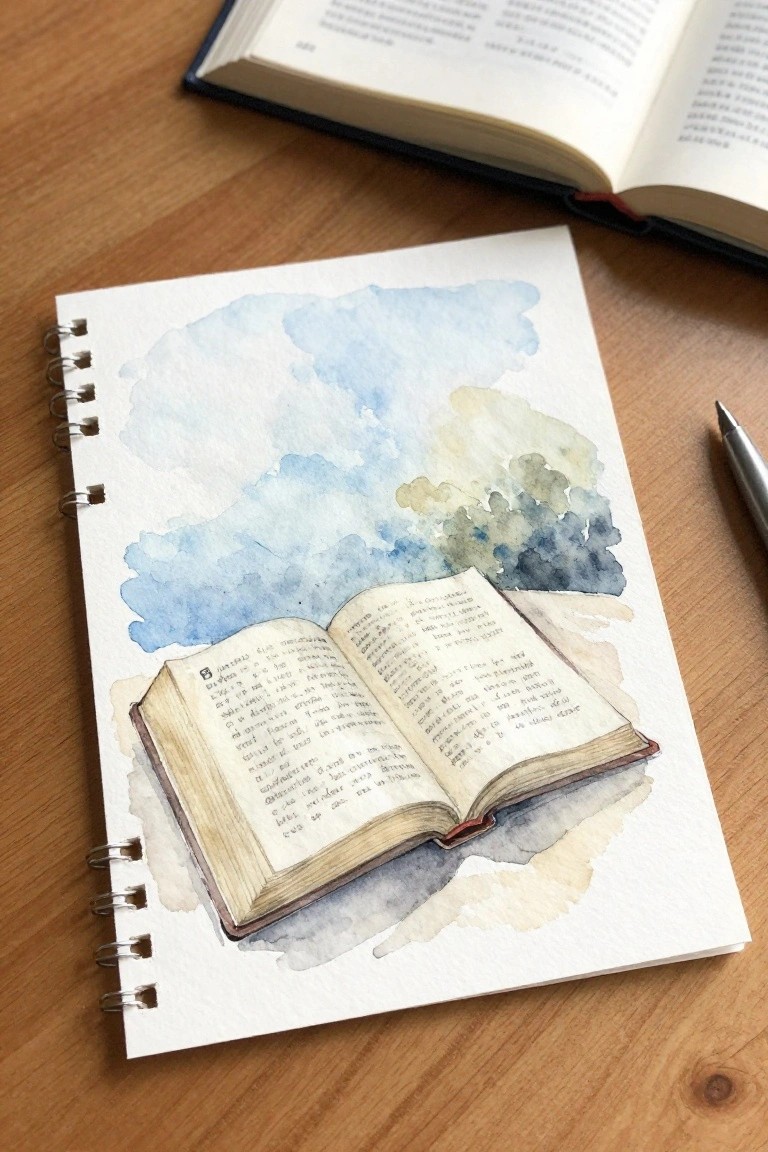 Watercolor painting of open book with blue sky background in spiral notebook on wood