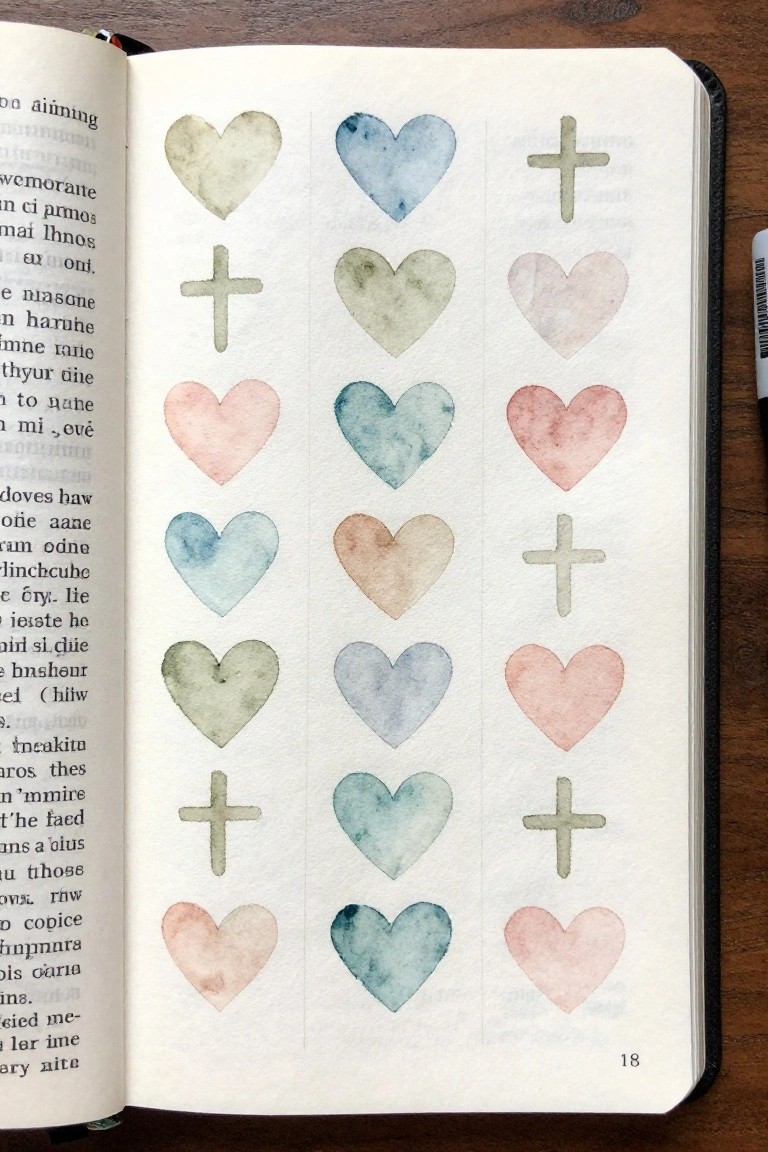 Open journal with watercolor hearts and crosses in pastel colors on page 18