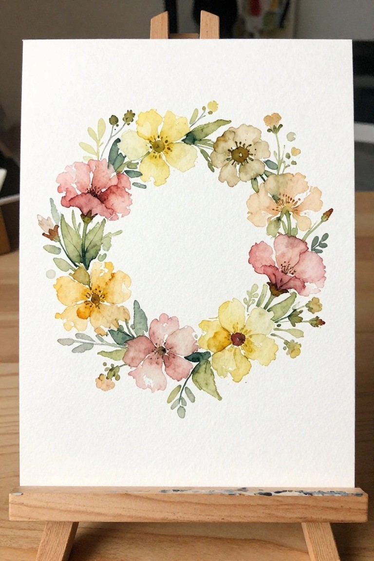 Watercolor floral wreath with pink, yellow, and peach blooms on white paper atop wooden easel