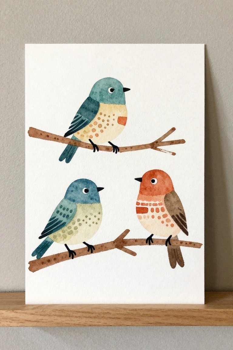 Three watercolor birds with spotted chests perched on brown branches.