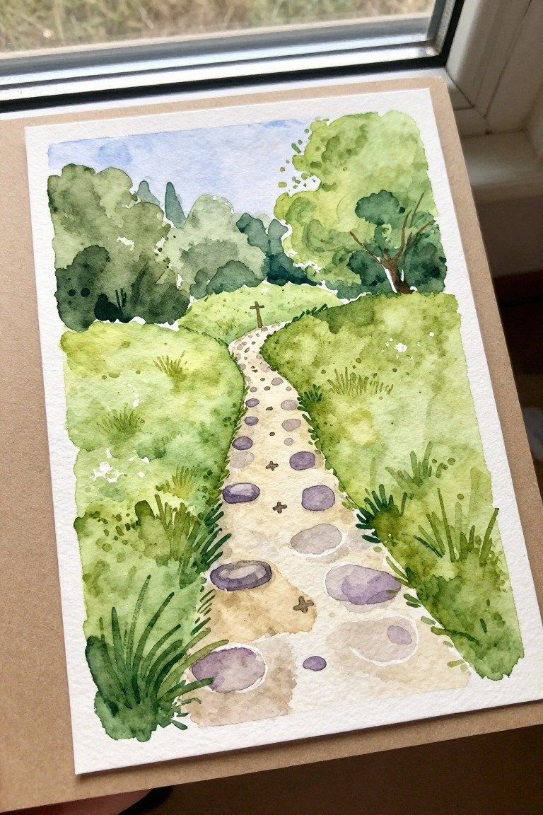 Watercolor of winding stone path through lush green hills with cross under blue sky.