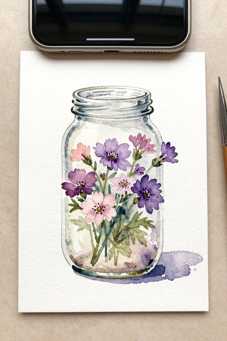 Watercolor of purple and pink flowers in a glass mason jar on paper