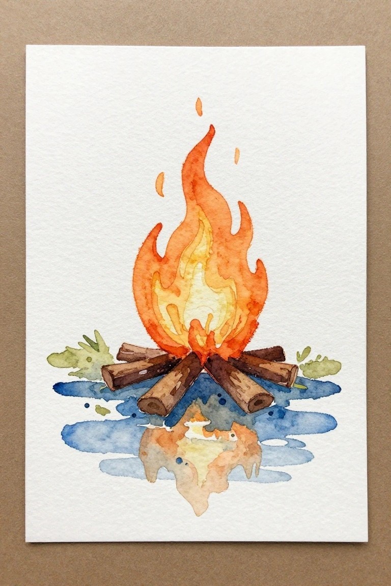 Watercolor painting of orange-yellow campfire on logs with blue watery reflection.