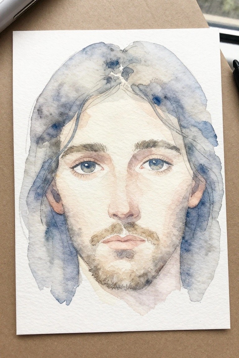 Watercolor portrait of a man with long hair, beard, and blue eyes on paper