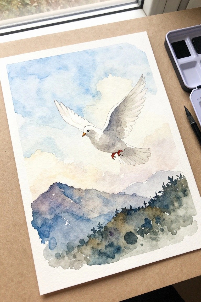 Watercolor painting of white dove flying over misty blue mountains with palette nearby