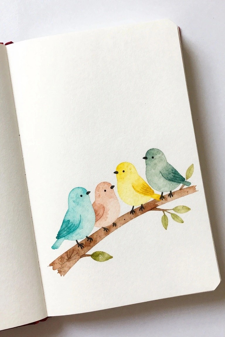Open sketchbook displaying watercolor of four pastel birds perched on a leafy branch