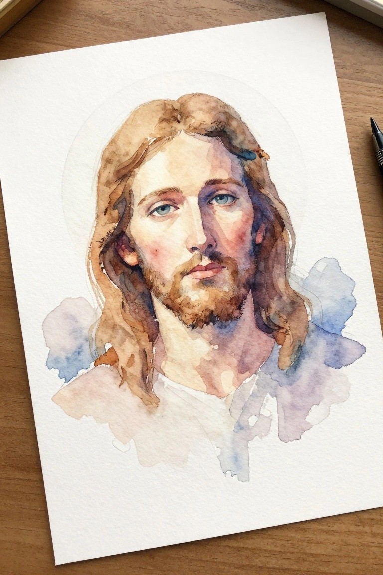 Watercolor portrait of Jesus with long brown hair, beard, blue eyes, and halo