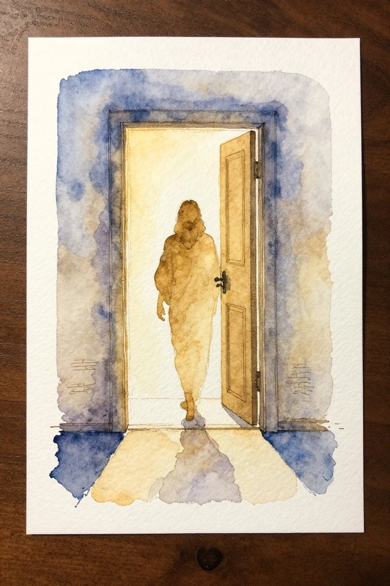 Watercolor of robed figure walking through open doorway into bright light