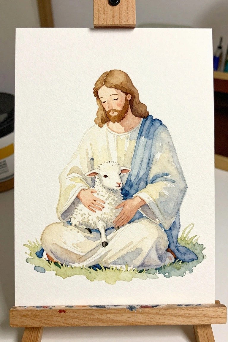 Watercolor of Jesus in blue-white robes holding a lamb while seated on grass.