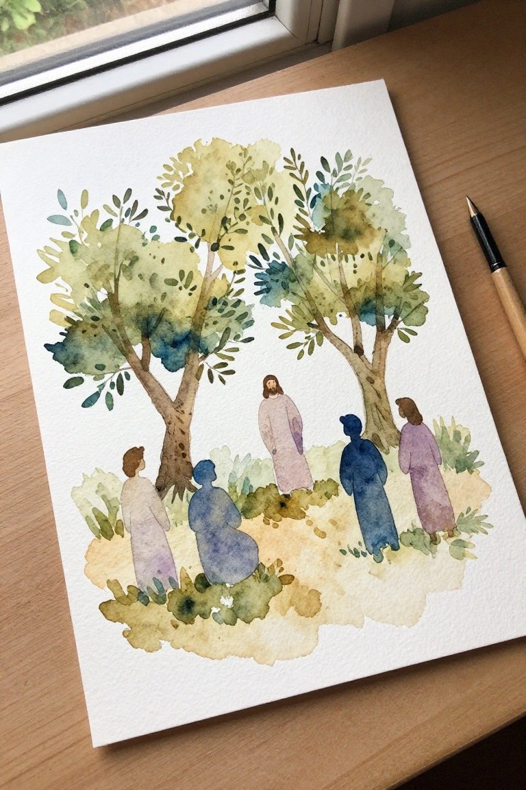 Watercolor painting of five robed figures among green trees, brush on desk nearby.