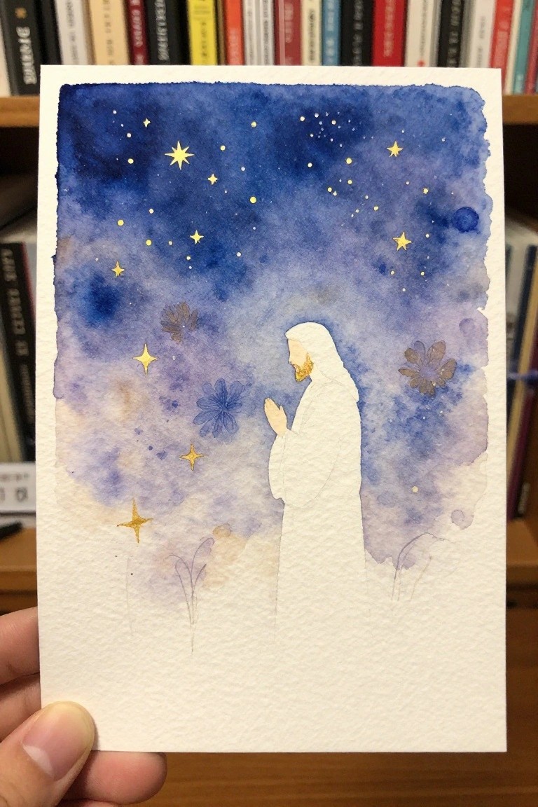 Watercolor of white-robed figure praying under gold stars in a blue-purple night sky.