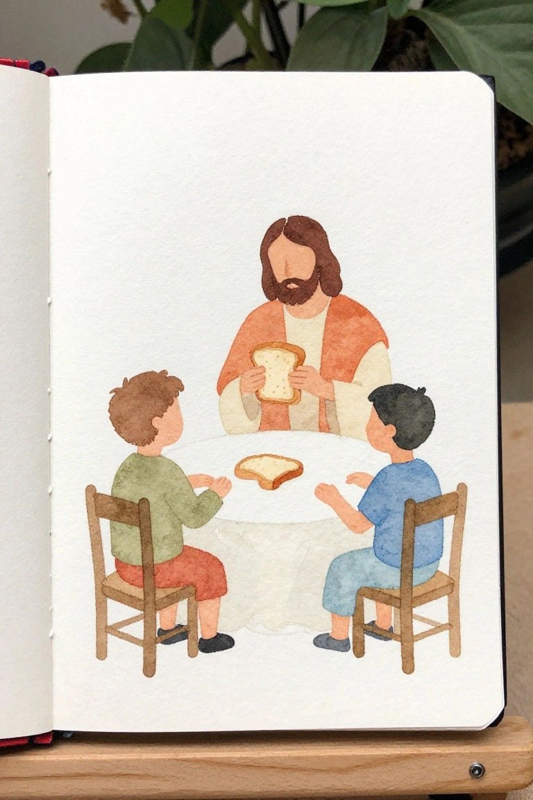 Watercolor of Jesus in orange robe holding bread opposite two boys at round table